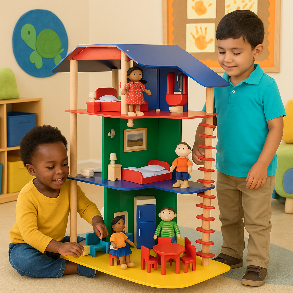Collaborative Wooden 3-Story Playhouse - Furniture & Dolls Included