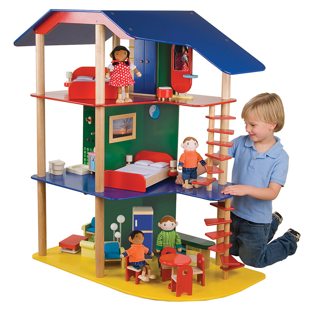 Collaborative Wooden 3-Story Playhouse - Furniture & Dolls Included