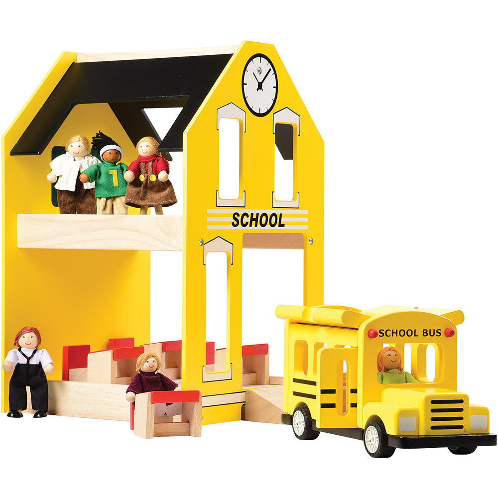 Let's Play School Wooden Playset | Schoolhouse with Chalkboard, Bus, Teacher & 4 Desks