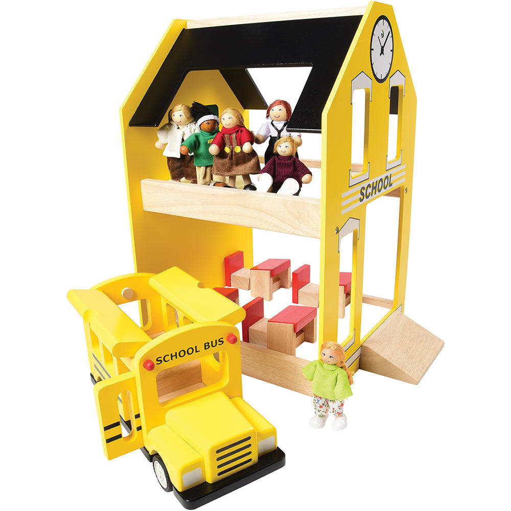Let's Play School Wooden Playset | Schoolhouse with Chalkboard, Bus, Teacher & 4 Desks