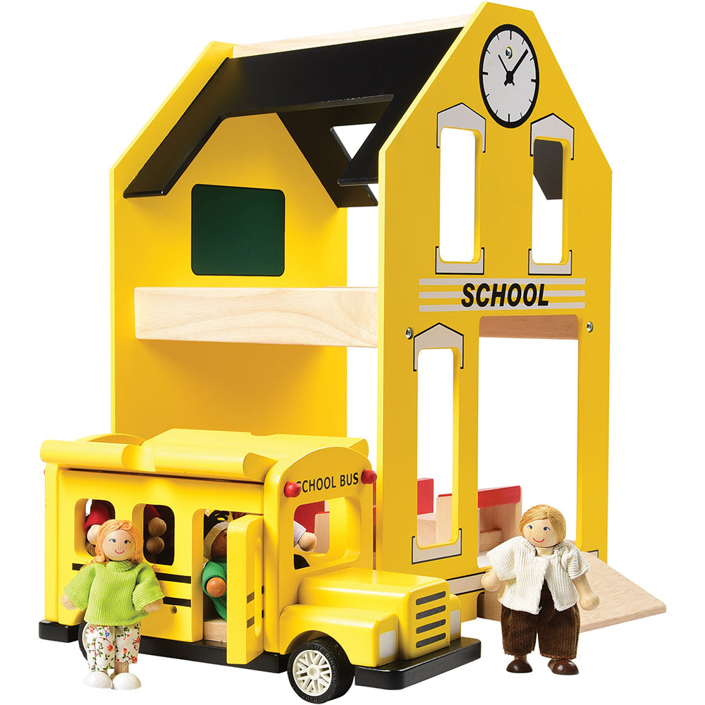 Let's Play School Wooden Playset | Schoolhouse with Chalkboard, Bus, Teacher & 4 Desks