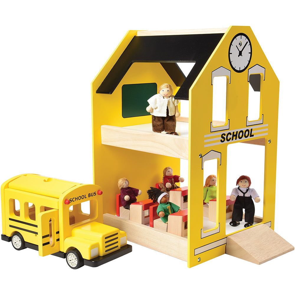 Let's Play School Wooden Playset | Schoolhouse with Chalkboard, Bus, Teacher & 4 Desks