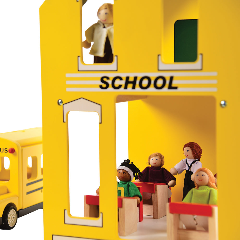 Let's Play School Wooden Playset | Schoolhouse with Chalkboard, Bus, Teacher & 4 Desks