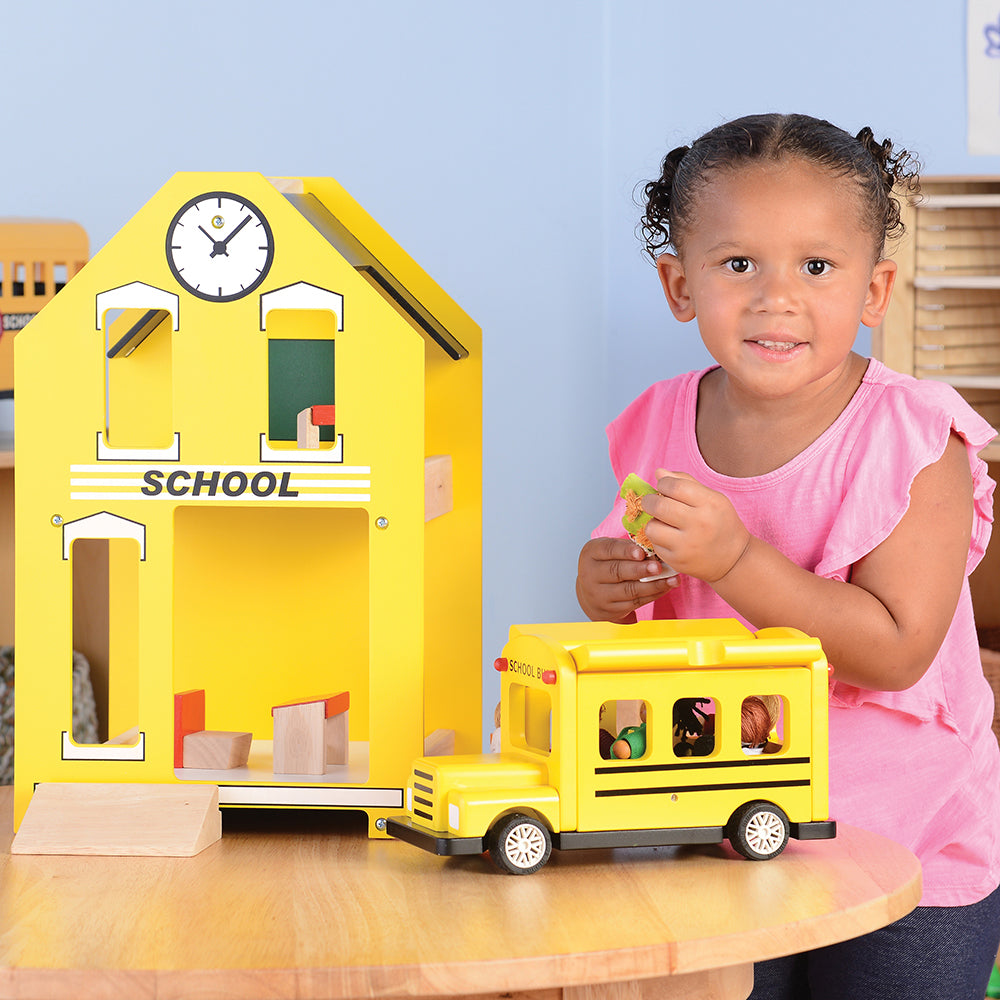 Let's Play School Wooden Playset | Schoolhouse with Chalkboard, Bus, Teacher & 4 Desks