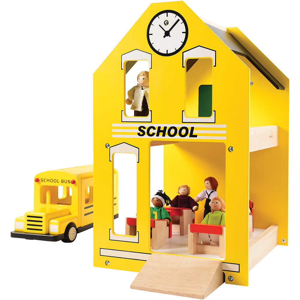 Let's Play School Wooden Playset | Schoolhouse with Chalkboard, Bus, Teacher & 4 Desks