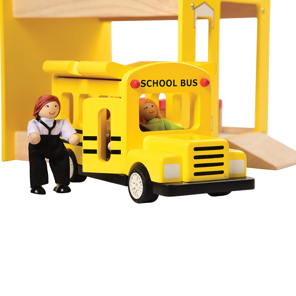 Let's Play School Wooden Playset | Schoolhouse with Chalkboard, Bus, Teacher & 4 Desks