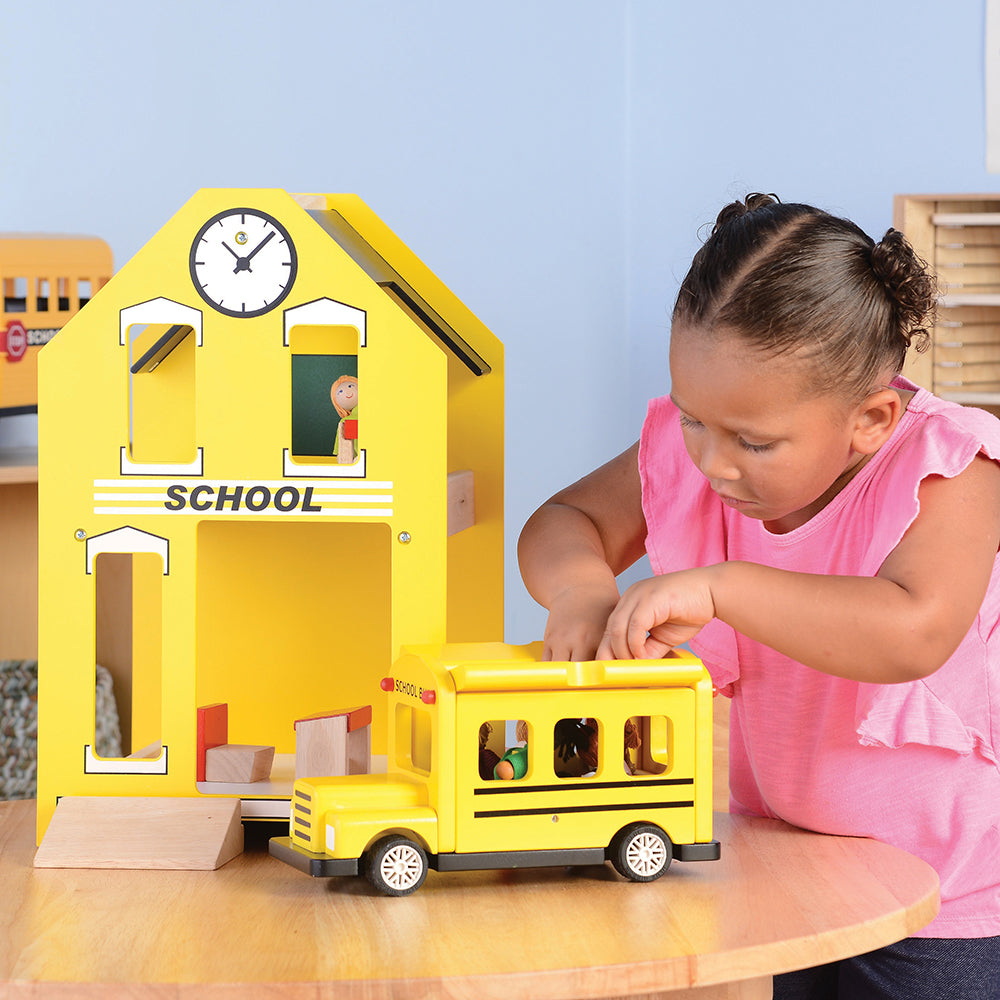 Let's Play School Wooden Playset | Schoolhouse with Chalkboard, Bus, Teacher & 4 Desks