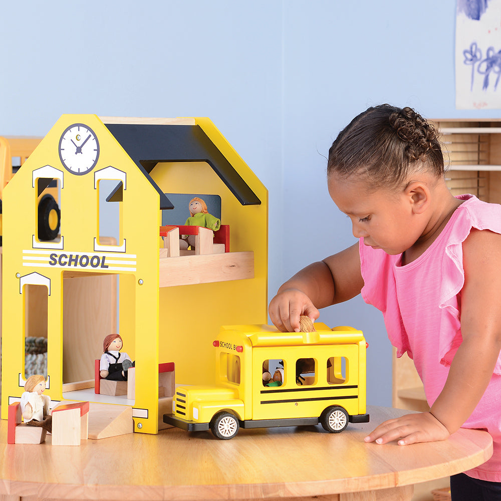 Let's Play School Wooden Playset | Schoolhouse with Chalkboard, Bus, Teacher & 4 Desks