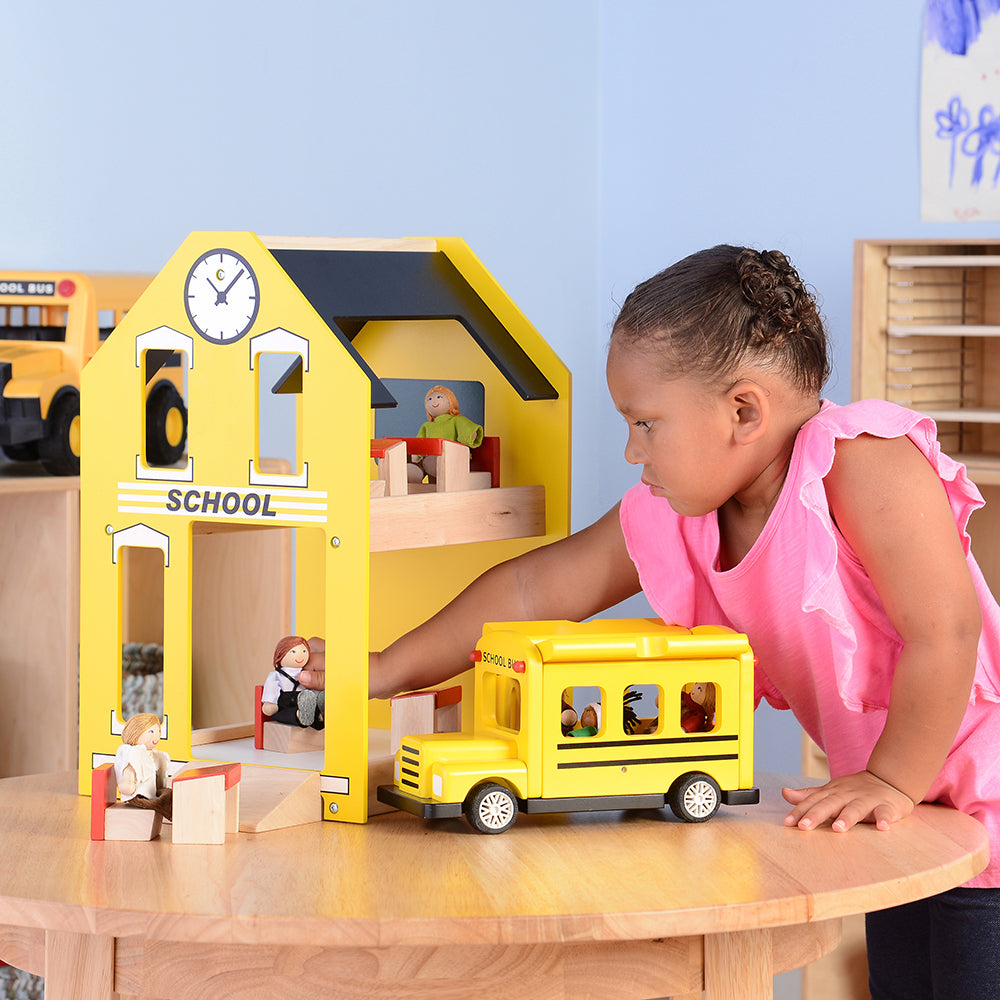 Let's Play School Wooden Playset | Schoolhouse with Chalkboard, Bus, Teacher & 4 Desks
